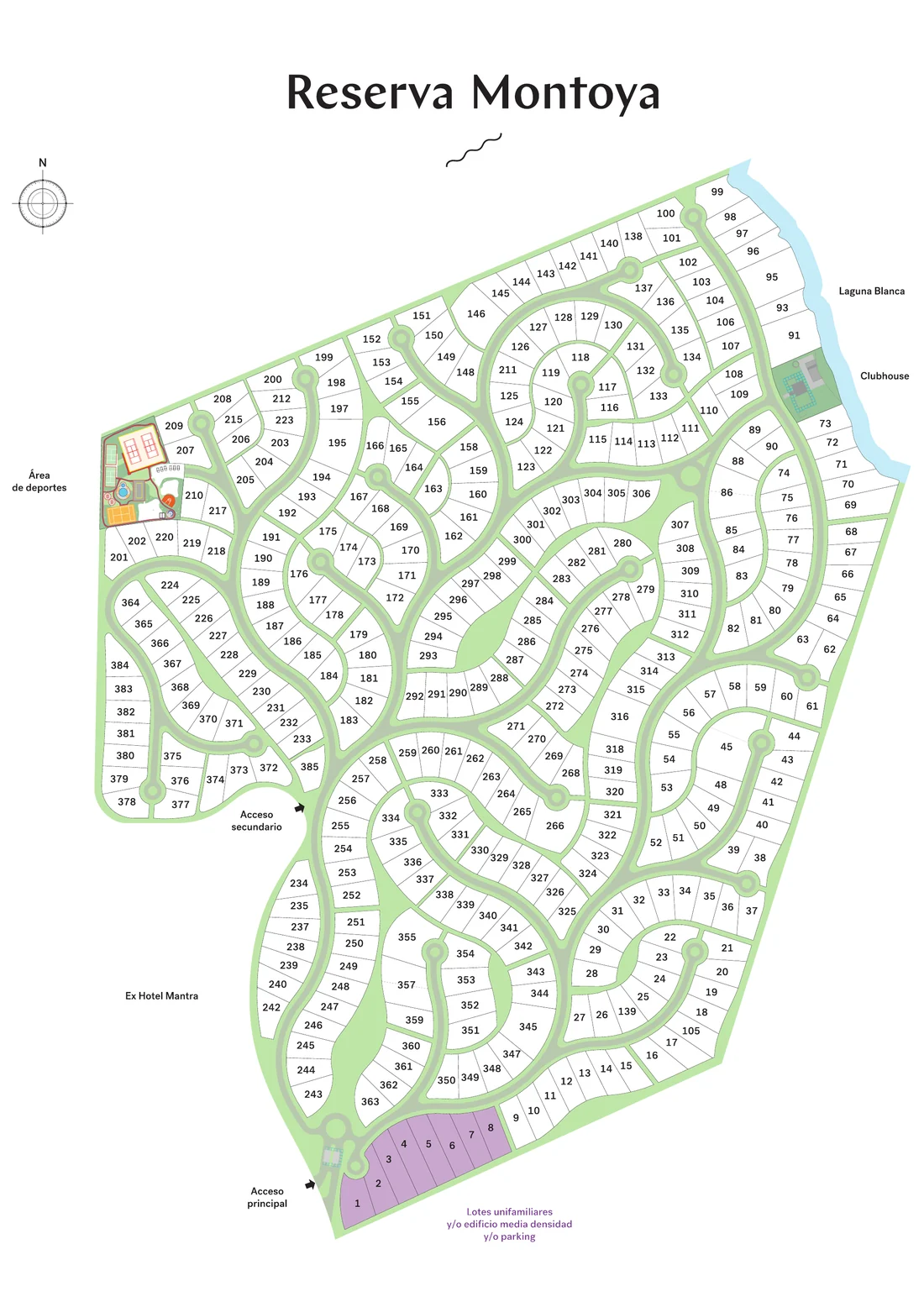 Masterplan de Reserva Montoya con la numeración de lotes, el clubhouse, el área de deportes y la costa sobre Laguna Blanca