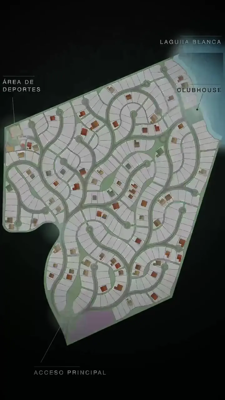 Plano de Reserva Montoya con las casas construidas, el clubhouse, el área de deportes y el acceso principal